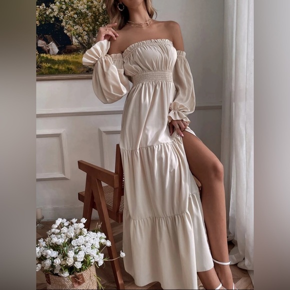 Beige Off Shoulder Long Sleeve Boho Peasant Dress - Picture 2 of 7